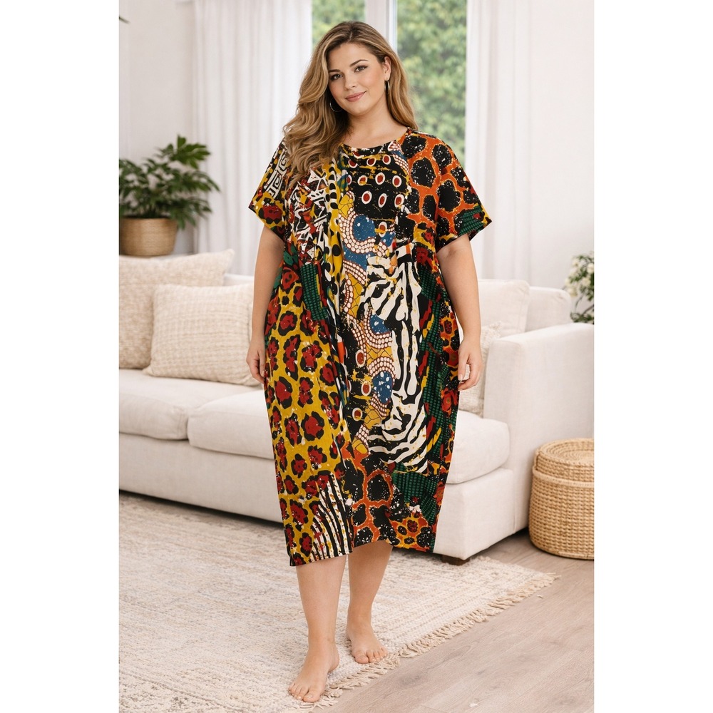 Lapogee Womens Dress OS Colorful‎ Mixed Abstract Maxi House Kaftan Loungewear
